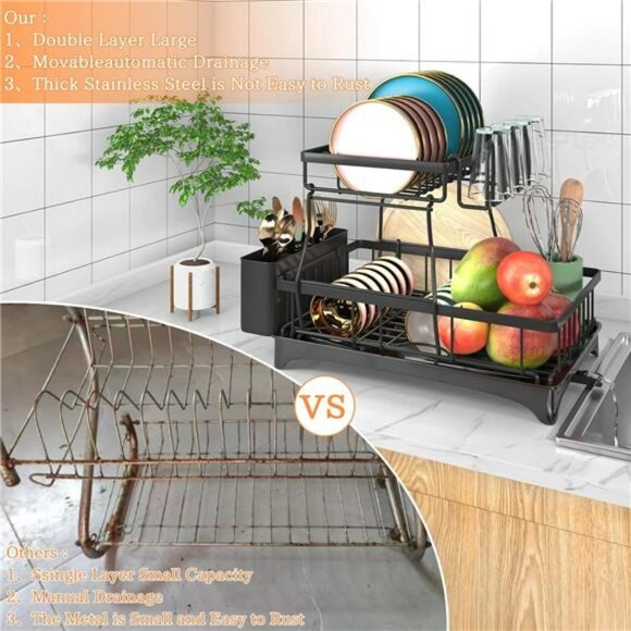 2 Tier Dish Drying Rack with Drain Board Utensil Cup Holder for Kitchen Counter - Picture 5 of 7